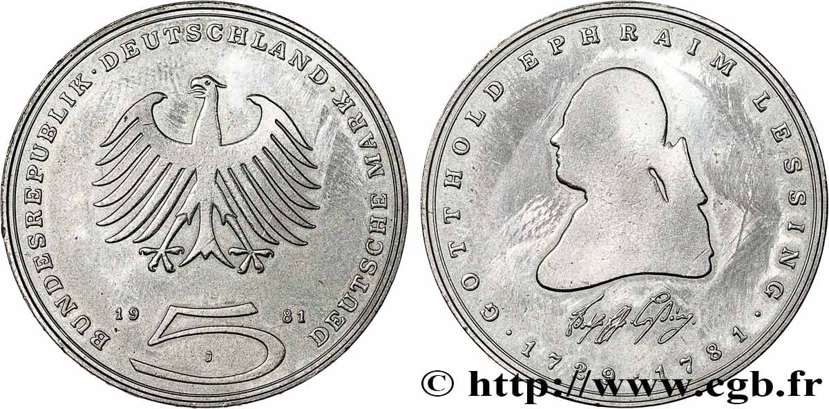 ALEMANIA 5 Mark aigle Gotthold Ephraim Lessing 1981 Hambourg - J EBC 
