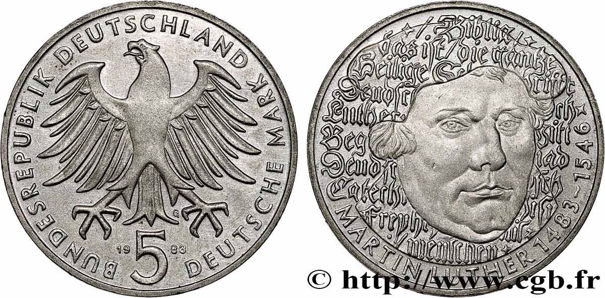 GERMANIA 5 Mark Proof Martin Luther 1983 Karlsruhe MS 