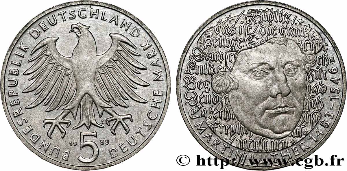 GERMANY 5 Mark Proof Martin Luther 1983 Karlsruhe MS 