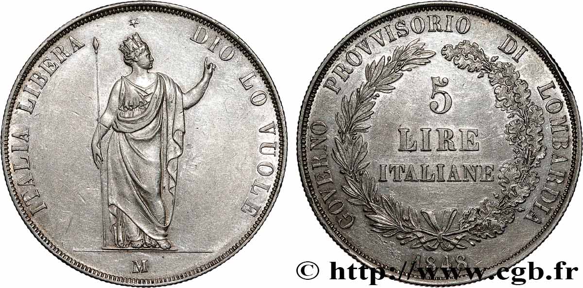 ITALIE - LOMBARDIE 5 Lire Gouvernement provisoire de Lombardie 1848 Milan TTB+ 
