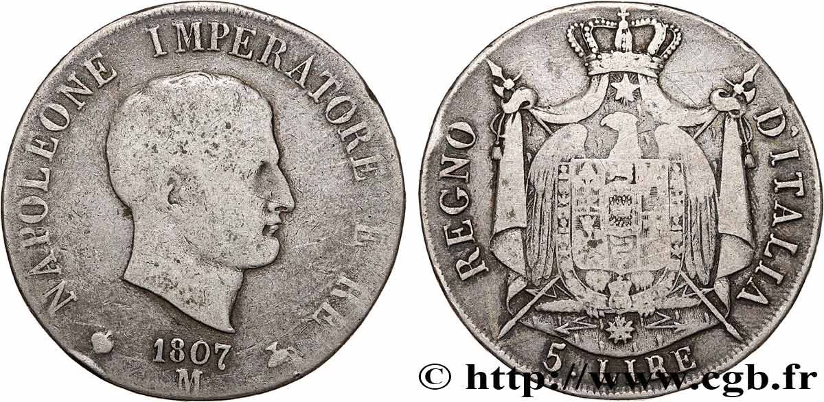 ITALIEN - Königreich Italien - NAPOLÉON I. 5 Lire 1807 Milan fSS 