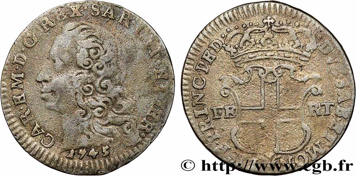 DUCHY OF SAVOY - CHARLES-EMMANUEL III 5 sols, 3e type (5 soldi) 1745 Turin BC+ 