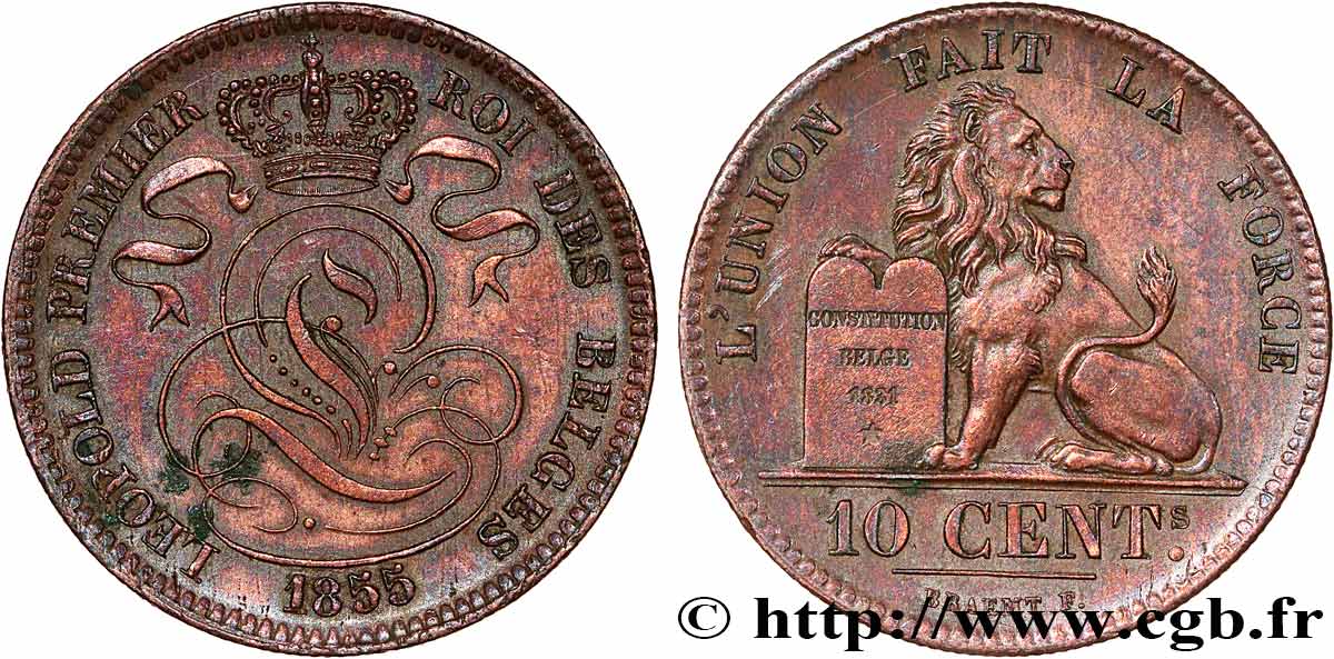 BELGIUM - KINGDOM OF BELGIUM - LEOPOLD I 10 centimes 1855  AU 