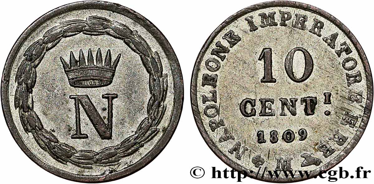 ITALY - KINGDOM OF ITALY - NAPOLEON I 10 Centesimi 1809 Milan XF 