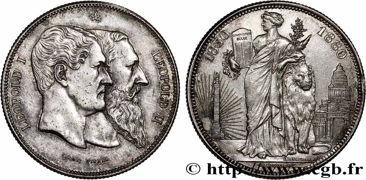 BÉLGICA 5 Francs, Cinquantenaire du Royaume (1830-1880) 1880 Bruxelles MBC+ 