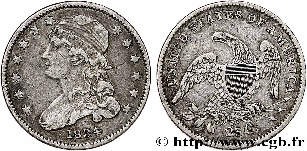 ÉTATS-UNIS D AMÉRIQUE 1/4 Dollar (25 cents) “capped bust”  1834 Philadelphie TTB 