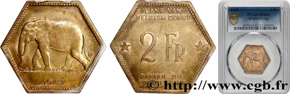 BELGISCH-KONGO 2 Francs éléphant 1943  VZ62 PCGS