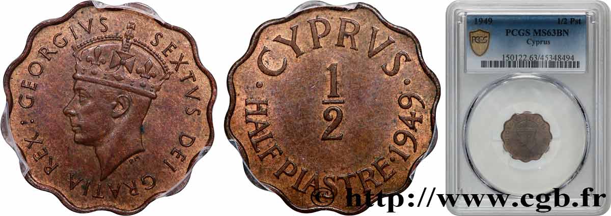 CYPRUS 1/2 Piastre roi Georges VI couronné 1949  MS63 PCGS