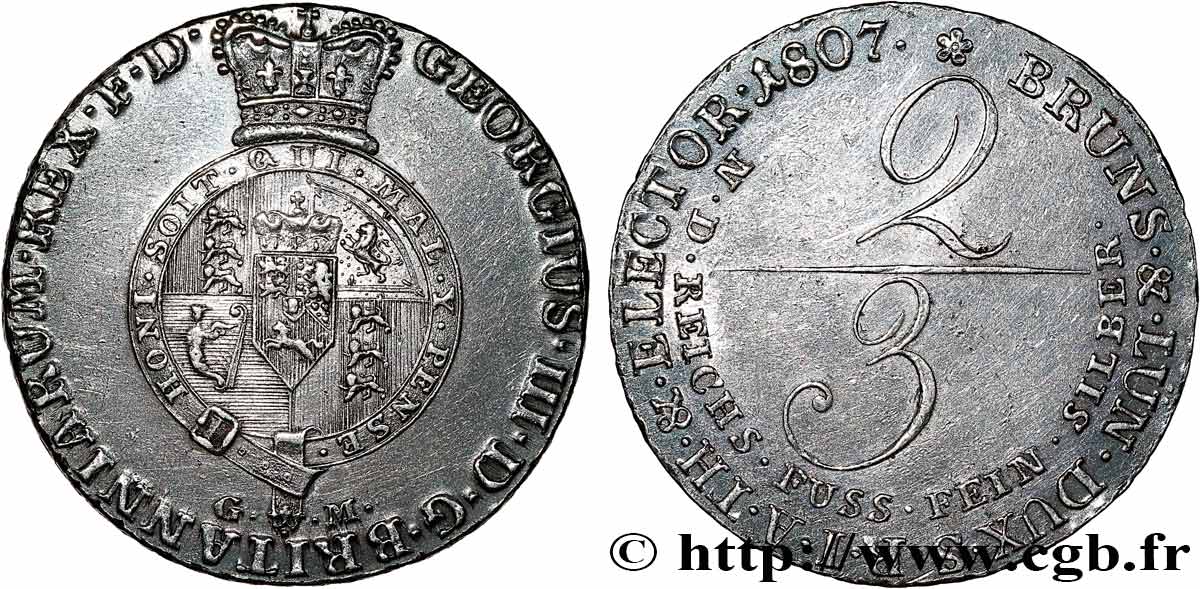 ALLEMAGNE - ROYAUME DE HANOVRE - GEORGES III D ANGLETERRE 2/3 Thaler  1807 Hanovre MBC+ 