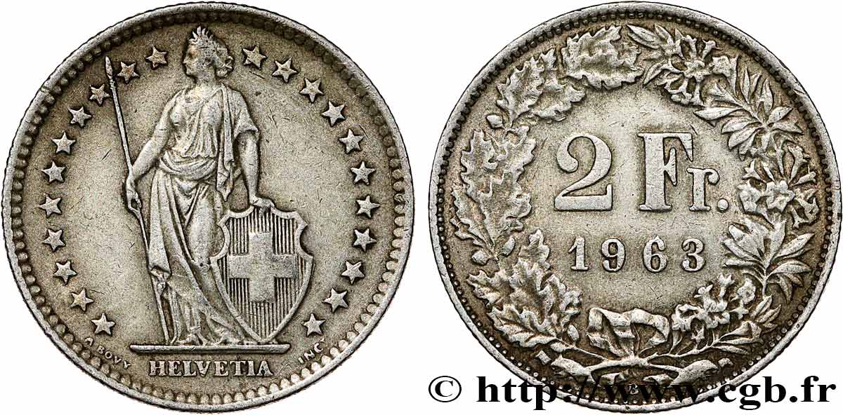 SUISSE 2 Francs Helvetia 1963 Berne TTB 