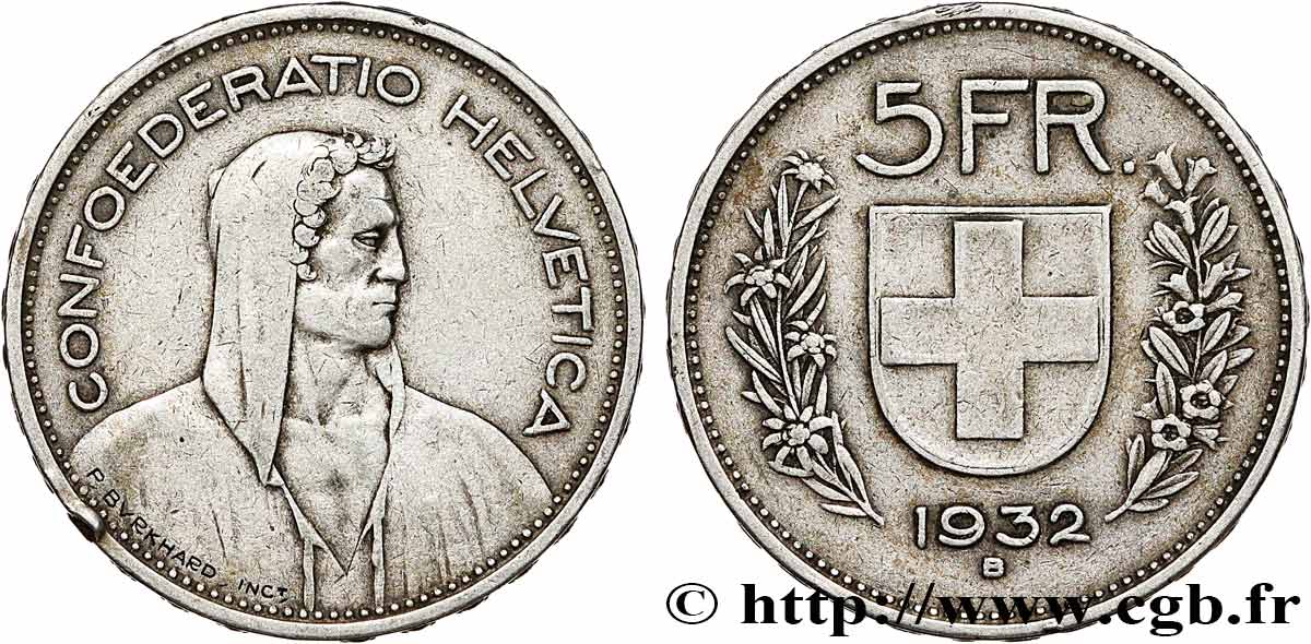 SWITZERLAND 5 Francs Berger des Alpes 1932 Berne XF 