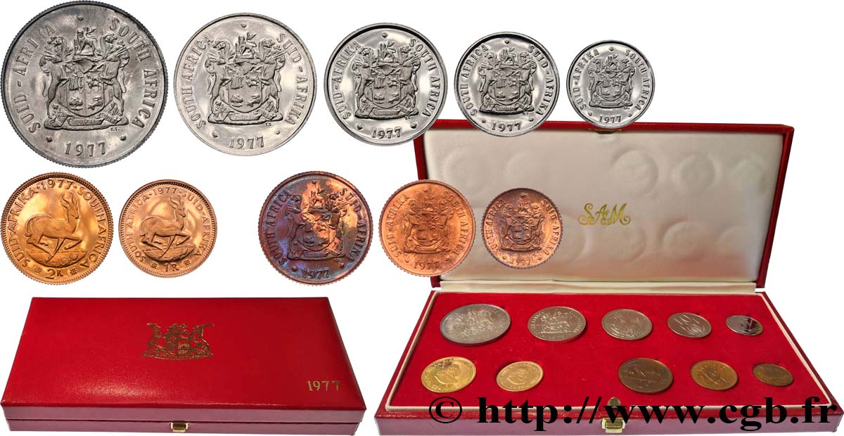 SUDAFRICA PROOF set 10 monnaies 1/2 cent à 2 rand 1977 Pretoria MS 