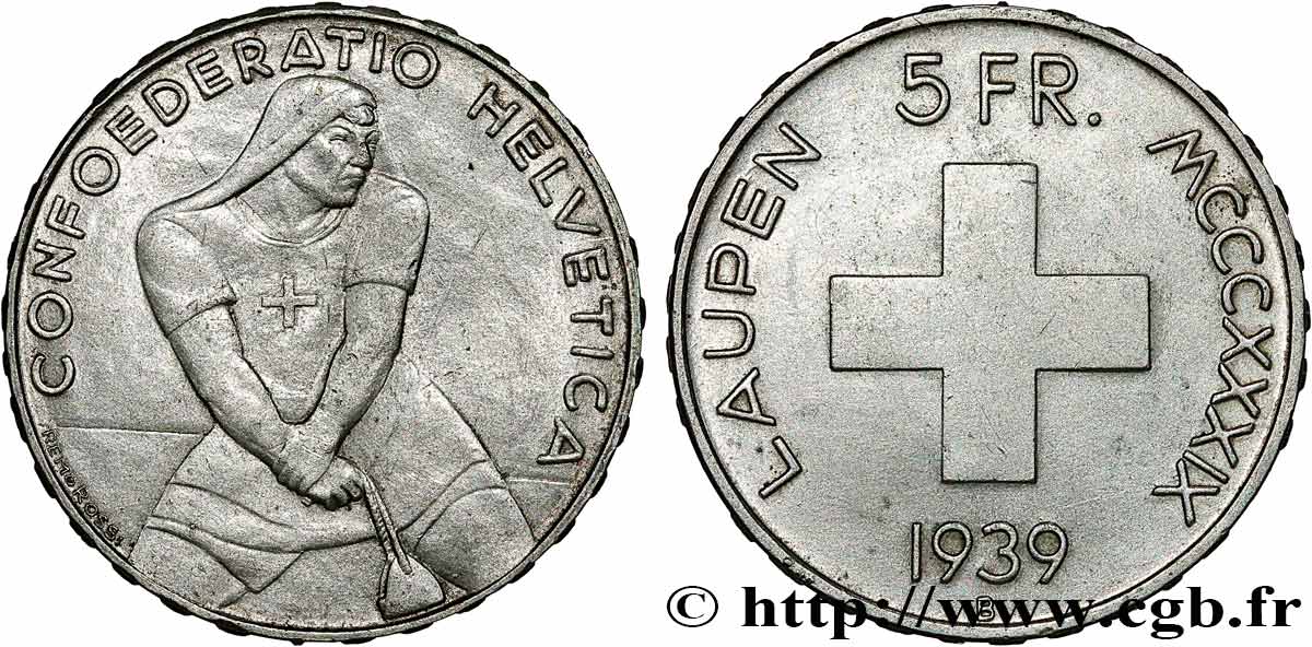 SCHWEIZ 5 Francs 600e anniversaire de la bataille de Laupen 1939 Berne fVZ 