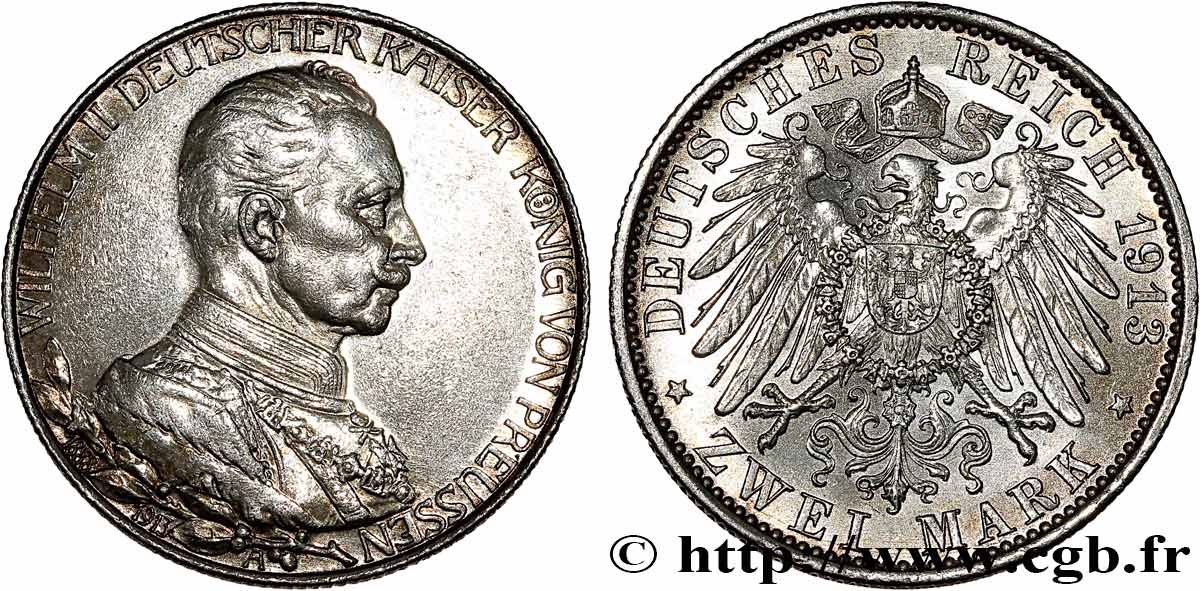 ALEMANIA - PRUSIA 2 Mark 25e anniversaire de règne de Guillaume II 1913 Berlin MBC+/EBC 