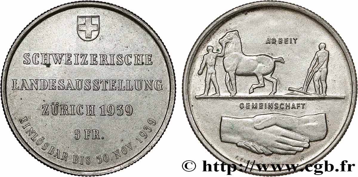 SVIZZERA  5 Francs Exposition de Zurich 1939 Huguenin - Le Locle q.SPL 