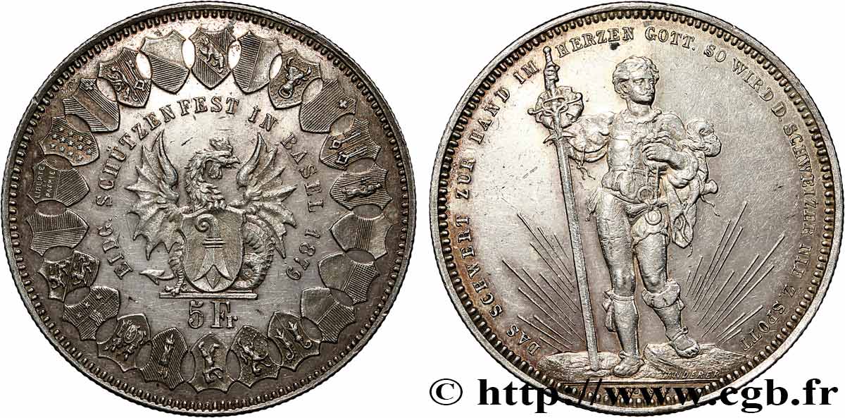 SUIZA 5 Francs, monnaie de Tir, Bâle 1879  MBC 