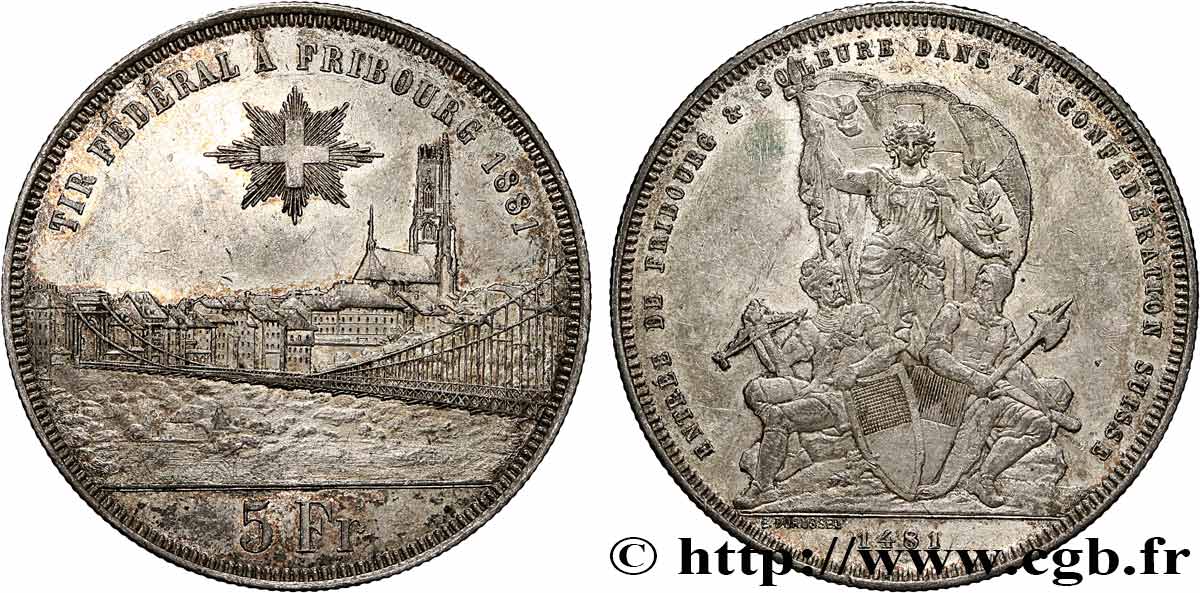 SUISSE 5 Francs, monnaie de Tir, Fribourg 1881  TTB+ 