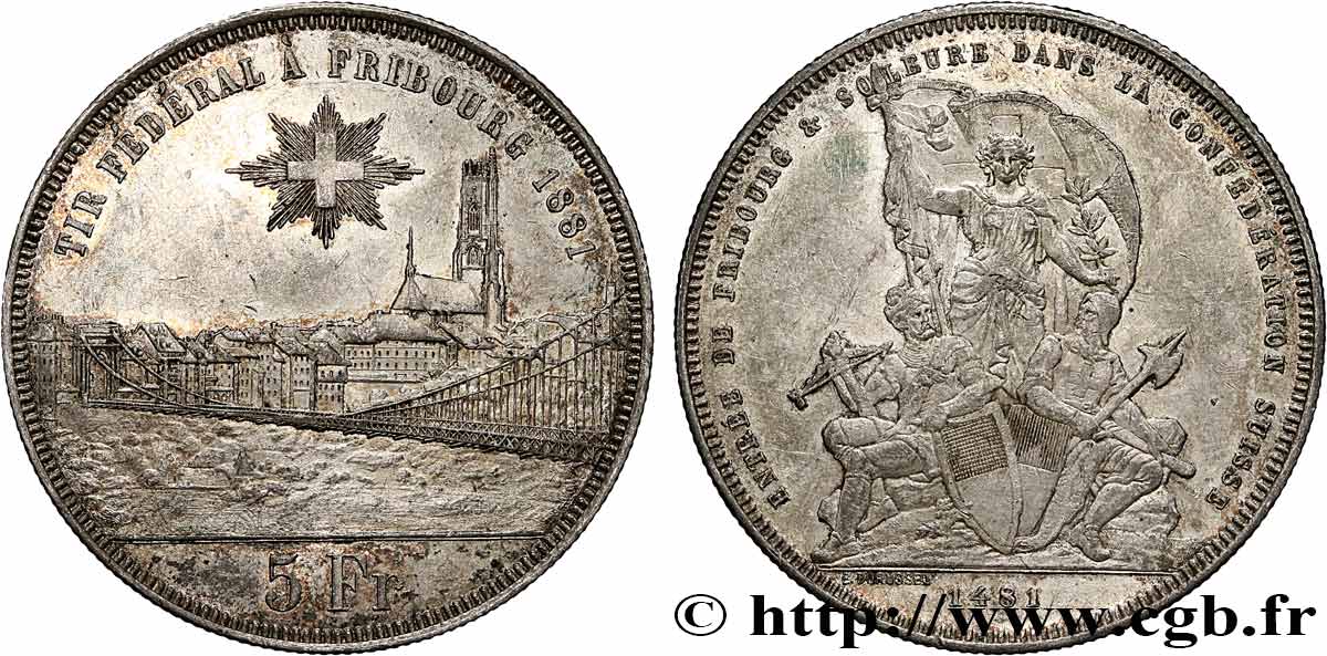 SWITZERLAND 5 Francs, monnaie de Tir, Fribourg 1881  AU 