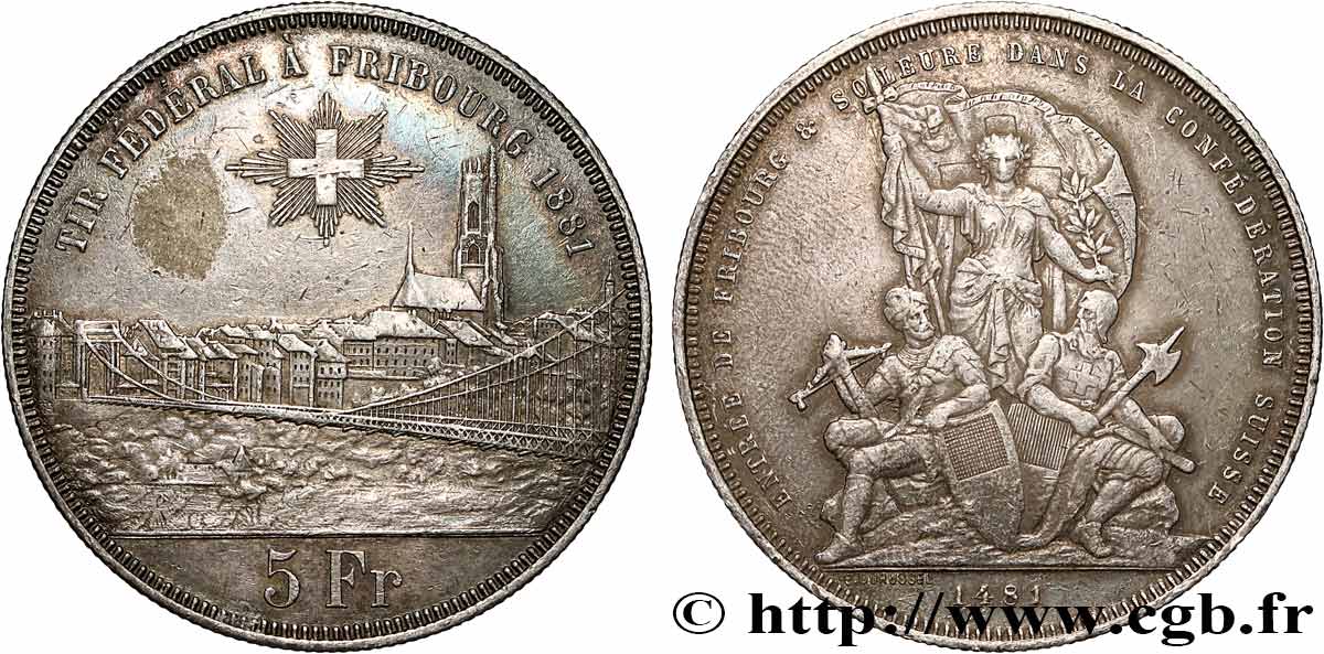 SUISSE 5 Francs, monnaie de Tir, Fribourg 1881  TTB 