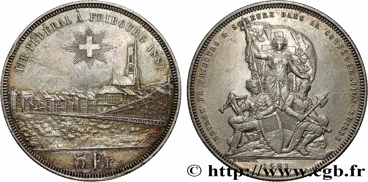SVIZZERA  5 Francs, monnaie de Tir, Fribourg 1881  BB 