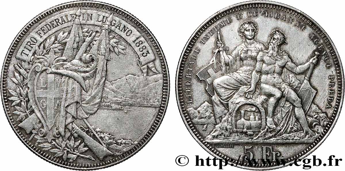 SCHWEIZ 5 Francs, concours de Tir de Lugano 1883  fVZ 