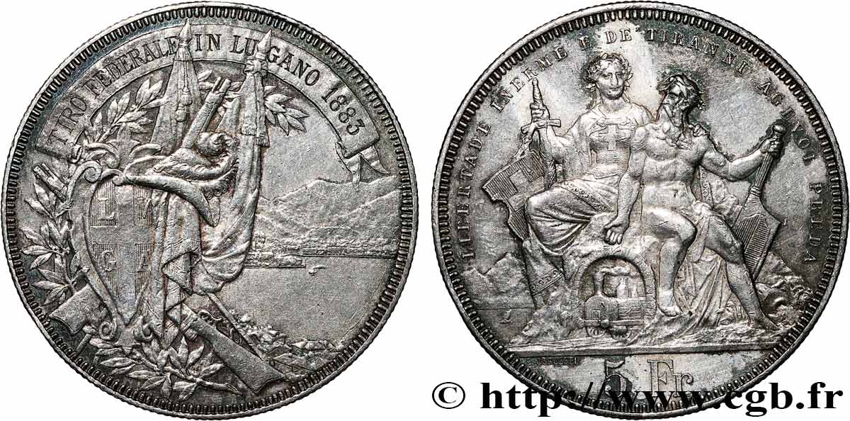 SVIZZERA  5 Francs, concours de Tir de Lugano 1883  BB 