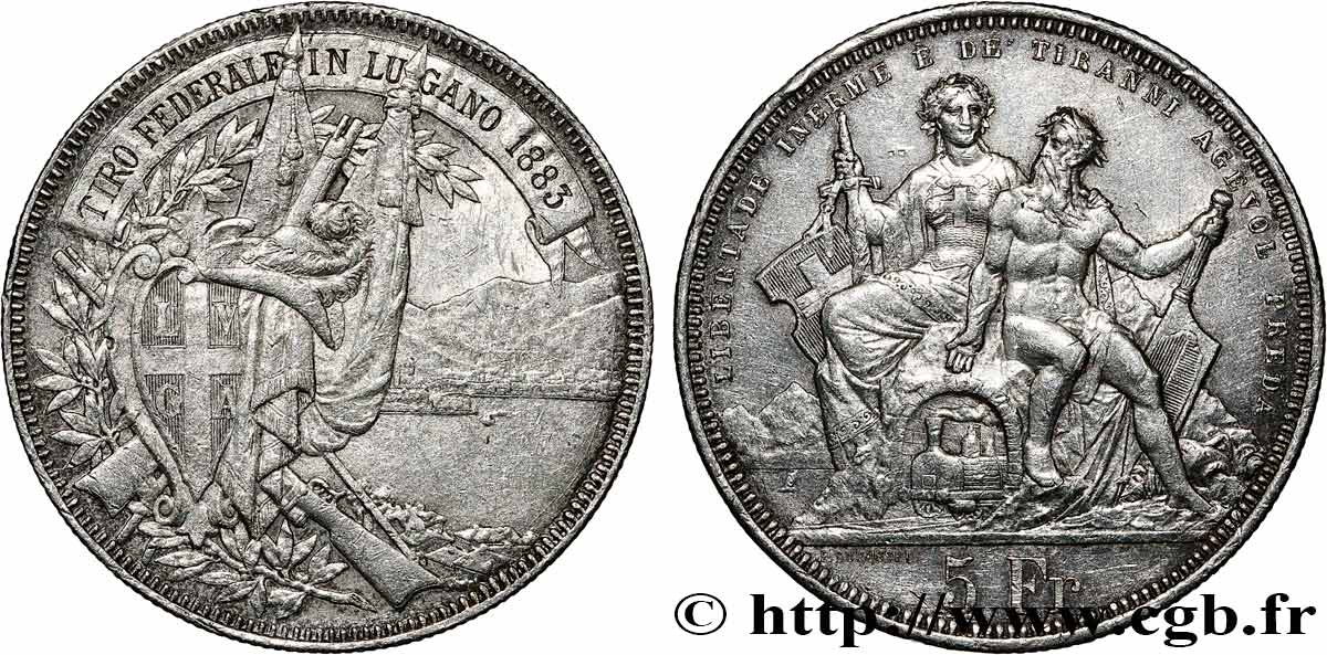 SWITZERLAND 5 Francs, concours de Tir de Lugano 1883  AU 