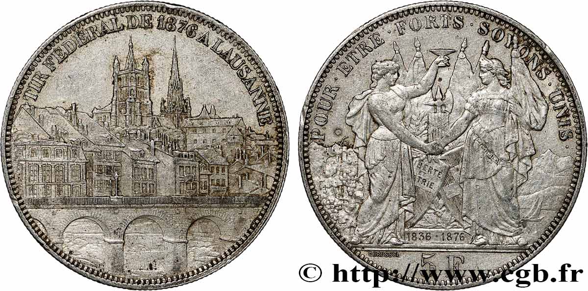 SCHWEIZ 5 Francs, monnaie de Tir, Lausanne 1876  SS 