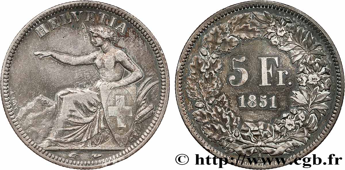 SWITZERLAND - HELVETIC CONFEDERATION 5 Francs Helvetia assise 1851 Paris VF 