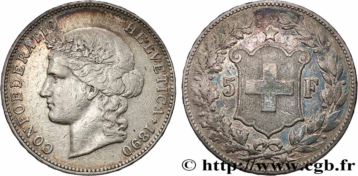 SUISSE 5 Francs Helvetia 1890 Berne TB+ 