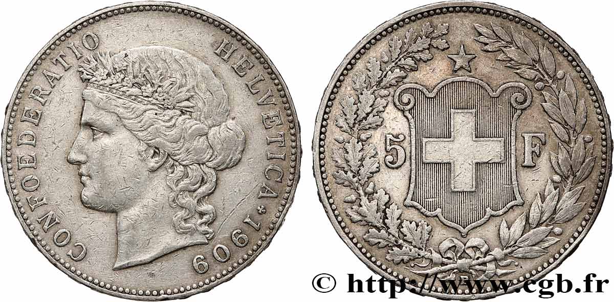 SCHWEIZ 5 Francs Helvetia 1909 Berne SS 
