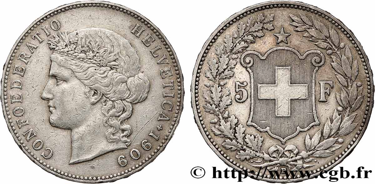 SUIZA 5 Francs Helvetia 1909 Berne MBC 