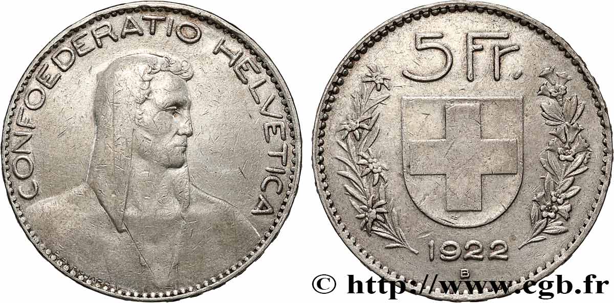SWITZERLAND 5 Francs Berger 1922 Berne XF 