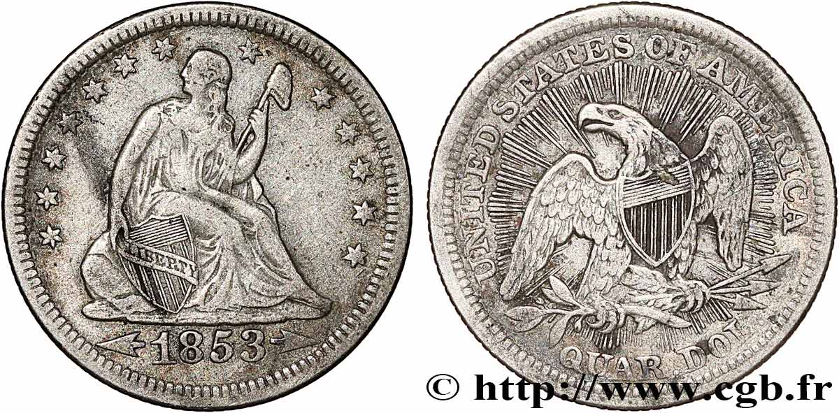 STATI UNITI D AMERICA 1/4 Dollar 1853 Philadelphie q.BB 