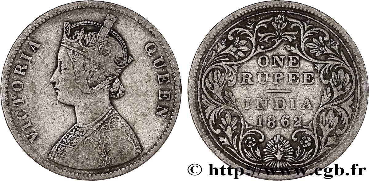 INDES BRITANNIQUES 1 Roupie Victoria 1862 Calcutta TB+ 