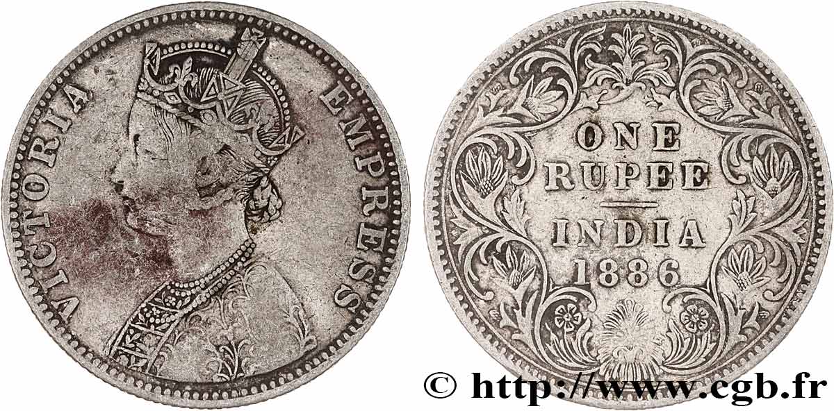 INDES BRITANNIQUES 1 Roupie Victoria 1886  Bombay TB+ 