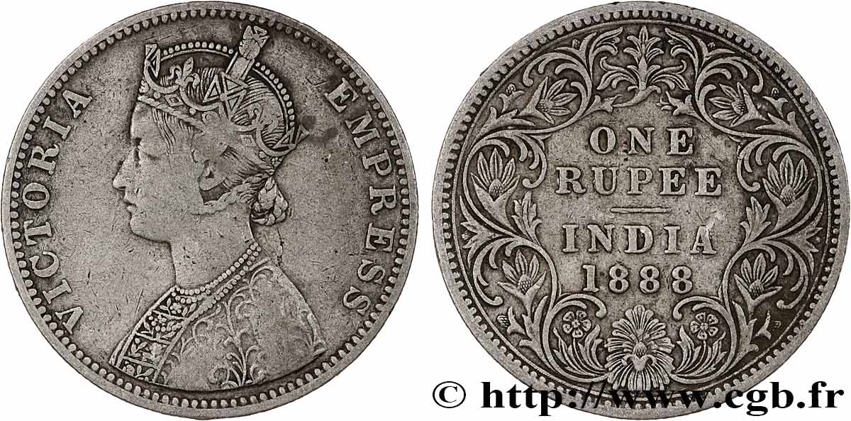 INDIA BRITÁNICA 1 Roupie Victoria 1888  Bombay BC+ 