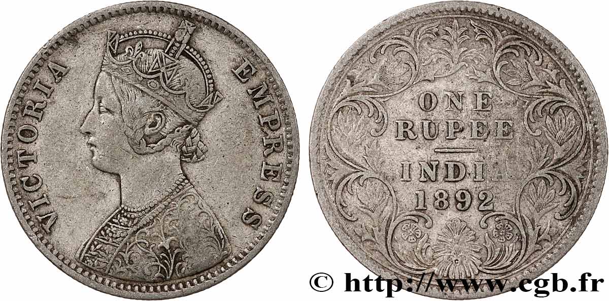 BRITISH INDIA 1 Roupie Victoria 1892 Calcutta XF 