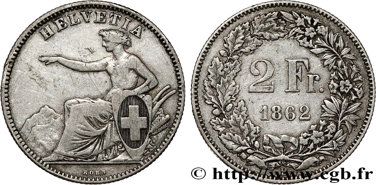 SUISSE 2 Francs Helvetia 1862 Berne TB+ 