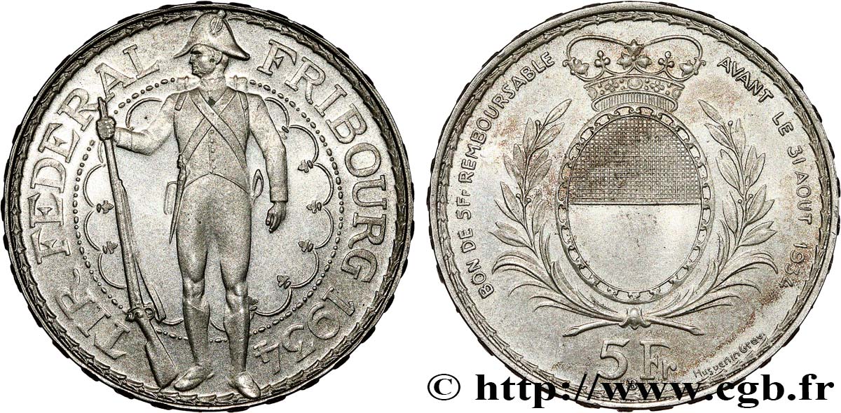 SCHWEIZ 5 Francs, monnaie de Tir, Fribourg 1934 Le Locle VZ 