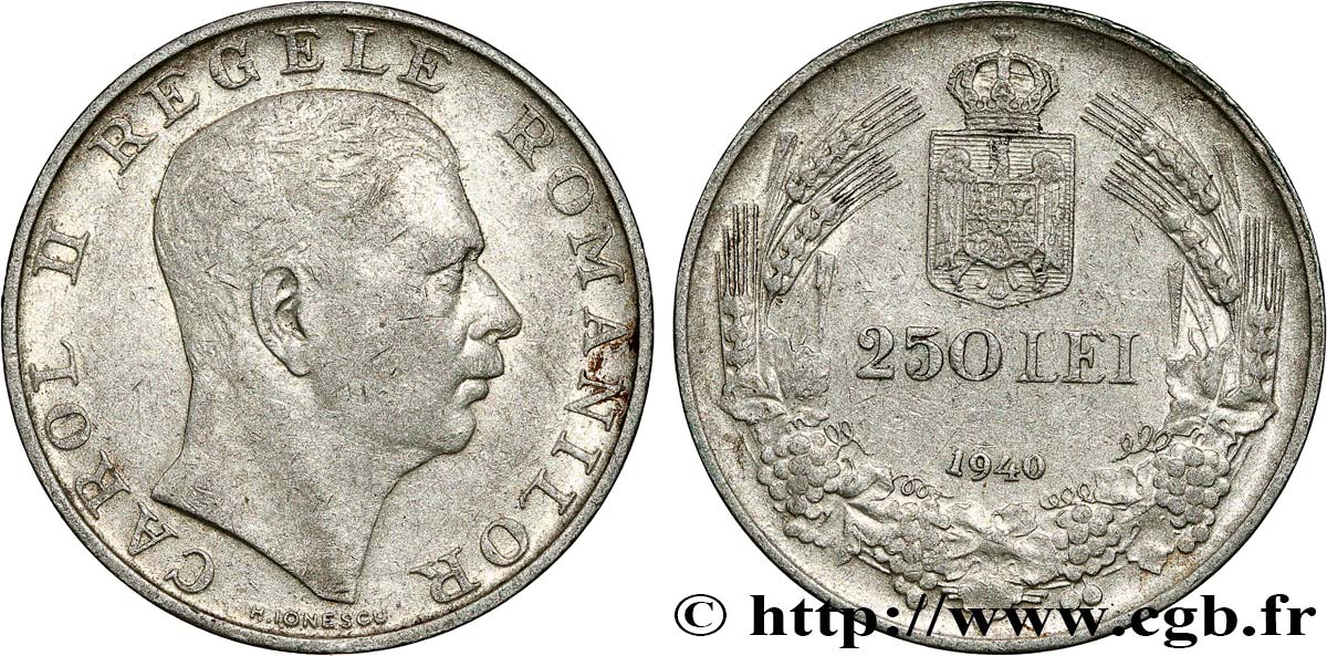 ROMANIA 250 Lei Charles II 1940 Bucarest XF 