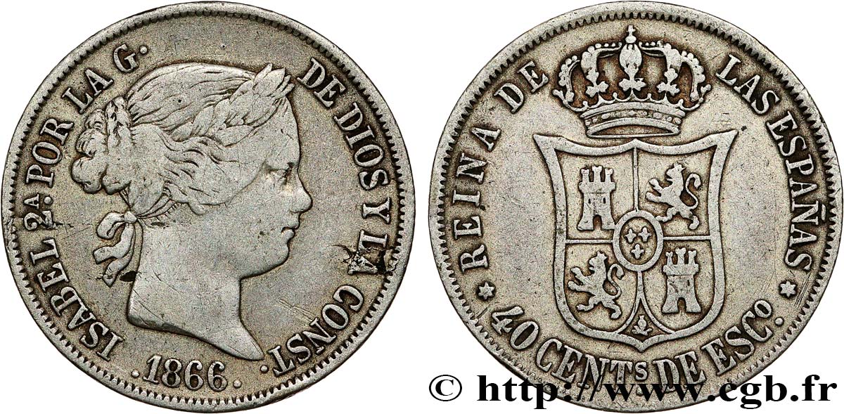 ESPAGNE 40 Centimos Isabelle II 1866 Madrid TTB 
