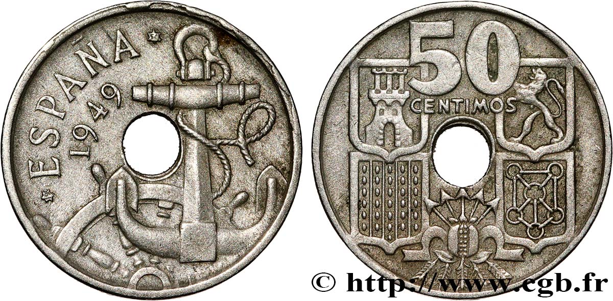 SPAIN 50 Centimos Ancre flèches vers le haut (1954) 1949 Madrid XF 