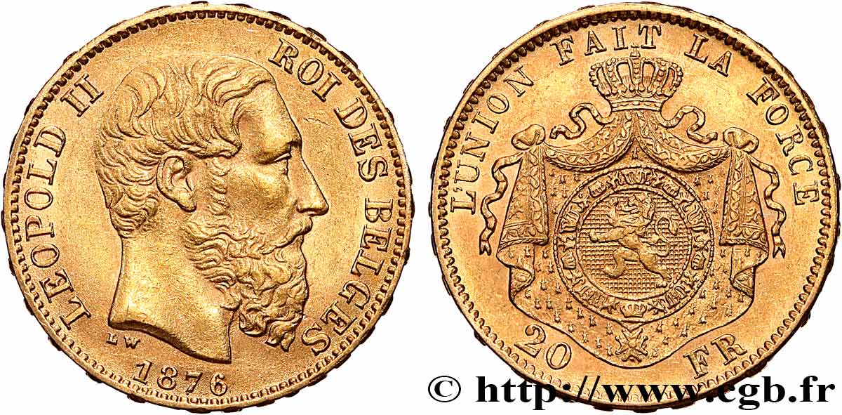 INVESTMENT GOLD 20 Francs Léopold II 1876 Bruxelles AU 