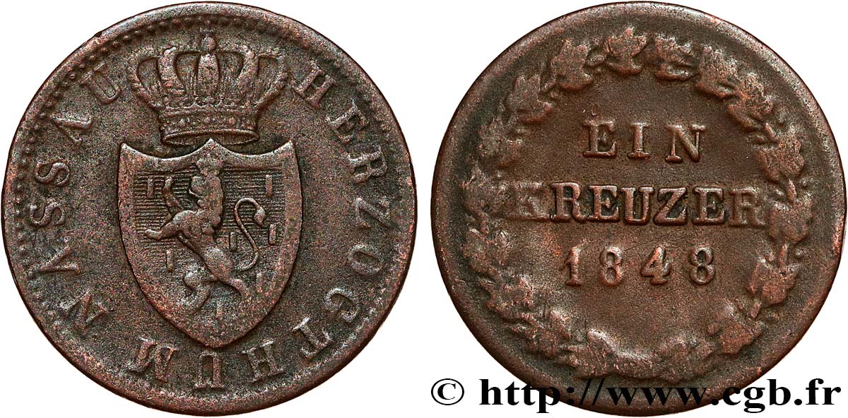 ALLEMAGNE NASSAU 1 Kreuzer GrandDuché de Nassau 1848 fwo_789322 Monde