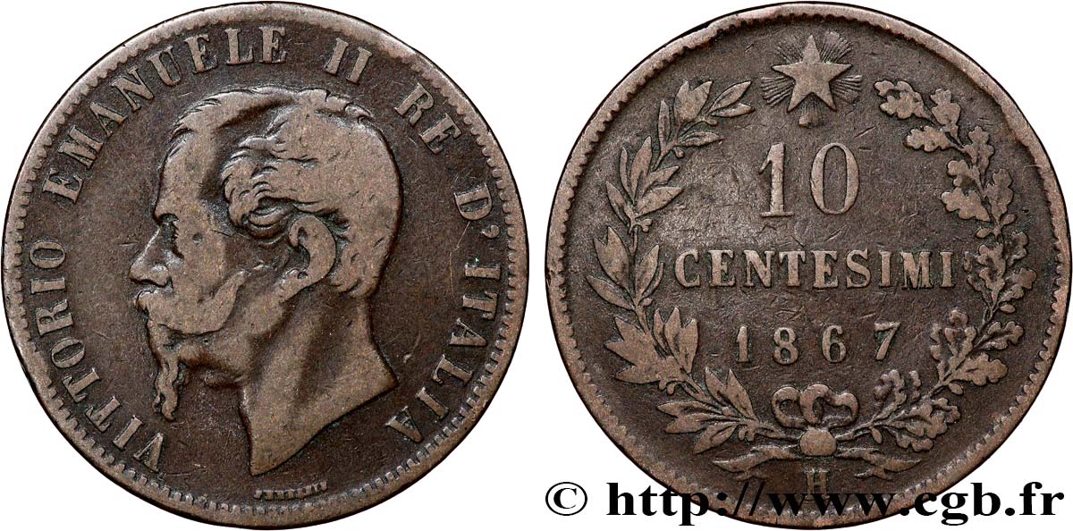ITALIE 10 Centesimi Victor Emmanuel II 1867 Birmingham TB+ 