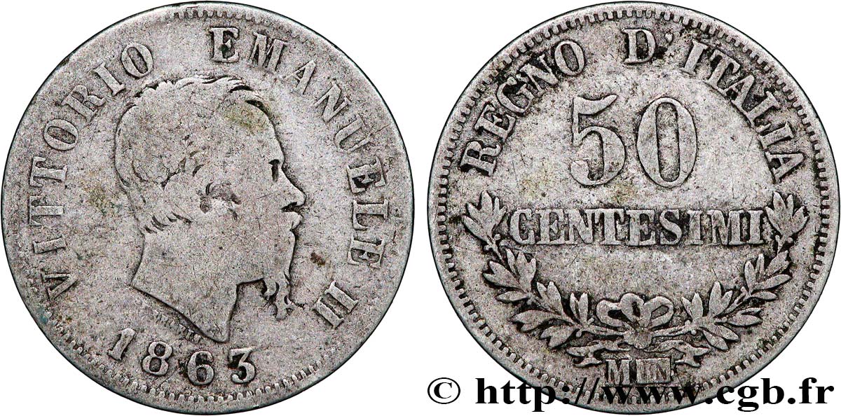 ITALIE 50 Centesimi Victor Emmanuel II 1863 Milan TB 