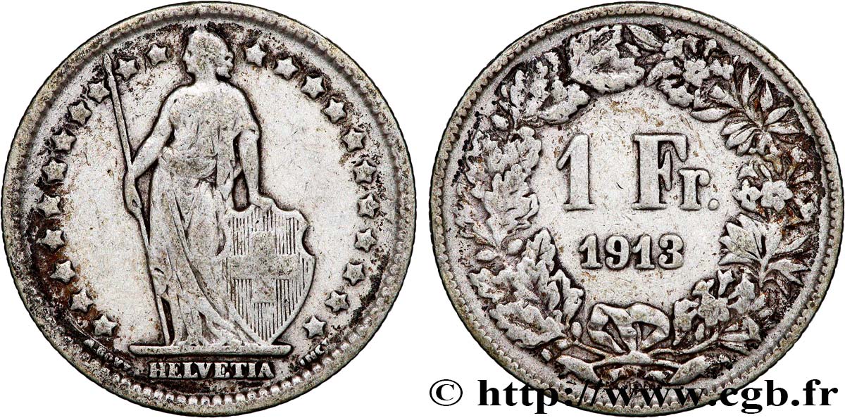 SUIZA 1 Franc Helvetia 1913 Berne BC+ 