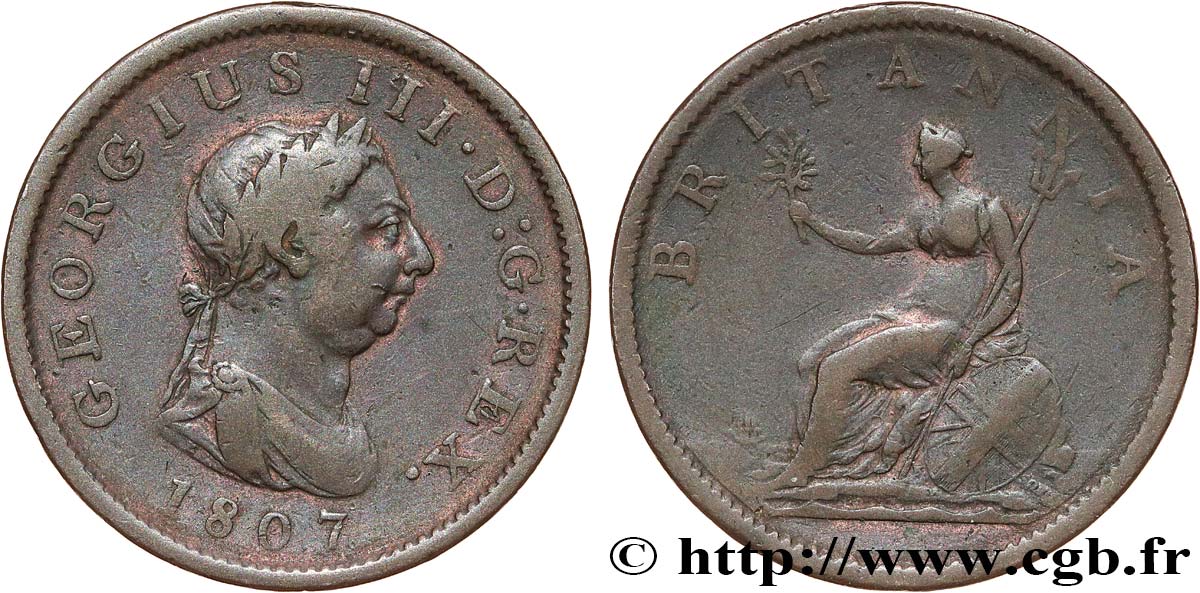 UNITED KINGDOM 1 Penny Georges III tête laurée 1807  VF 