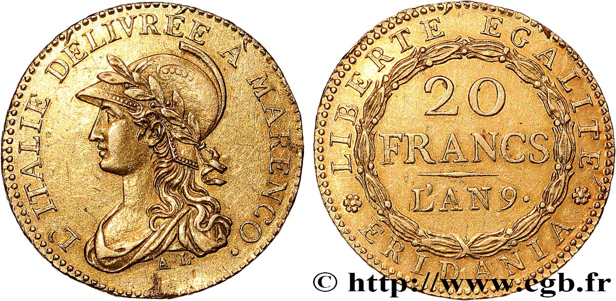 ITALIA - GALLIA SUBALPINA 20 Francs or Marengo an 9 1801 Turin MBC+ 